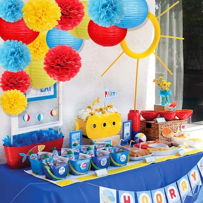 Carnival Circus Party Decorations, Red Yellow Blue Paper Lanterns and Pom Poms Flowers for Birthday Party Baby Showers Carnival Theme Rainbow Party Decor 15PCS