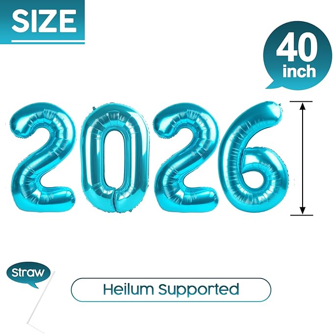 2026 Balloon - Light Blue Birthday Number Balloons, 40 Inch Large Foil Balloons for Men Women Boys Girls Light Blue Themed Birthday Decorations，Number 2026 Balloon