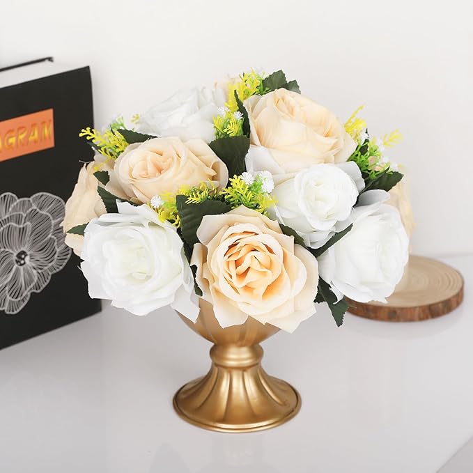 10Pcs Artificial Flower Ball Arrangement, 15 Flower Heads Wedding Roses Bouquet with Base Suitable for Parties Valentine's Day Wedding Centerpieces and Home Decor (Champagne & White)