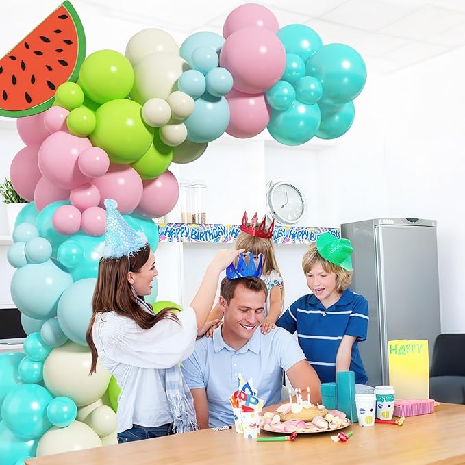 Summer Tropical Balloon Arch Kit Hawaiian Pearl Teal Blue Lime Green Pastel Pink Blue Ivory Colorful Balloons Garland for Hawaiian Luau Aloha Pool Beach Birthday Baby Shower Party Decorations