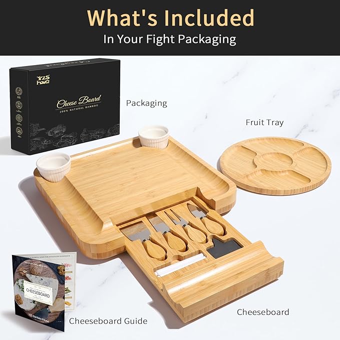 YZS Bamboo Charcuterie Boards Set -Unique Cheese Board with Accessories - Perfect for Housewarming, Weddings, Bridal Showers, Birthday Gifts, Parties, Eco-Friendly & Elegant Design