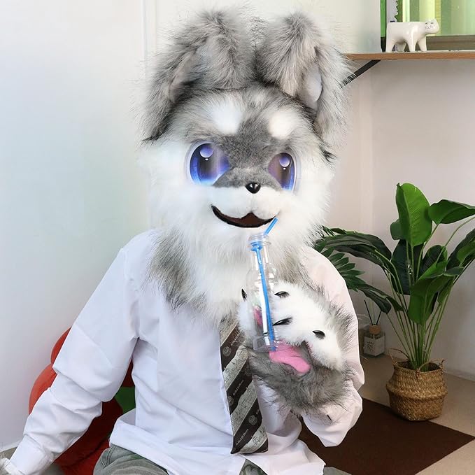 Animal Full Head Dog Mask Fursuit Therian Plush Realistic Masks for Party Halloween Cosplay Costume Accessory