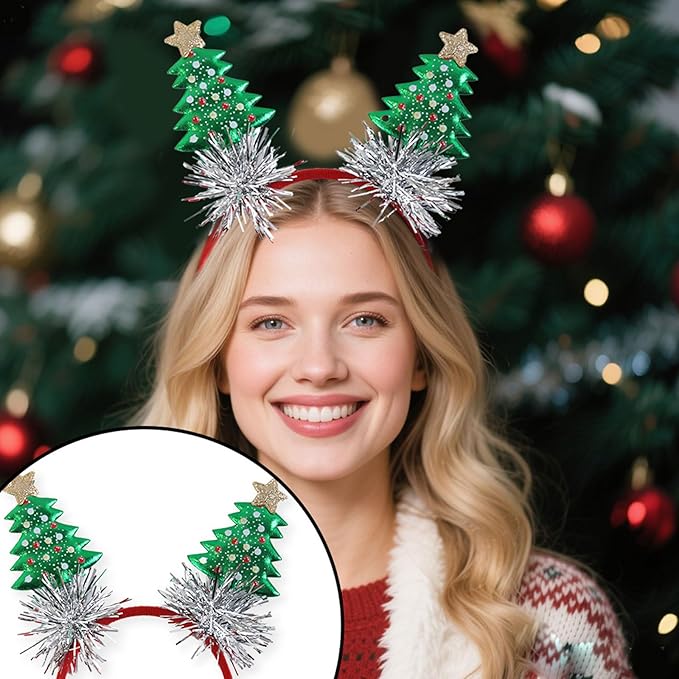 Christmas Headband for Women, Fashion Green Christmas Tree Headband with Gold Edge & Silver Tassels, Xmas Party Headpiece Festival Holiday Photo Prop Hair Accessories (1PC)