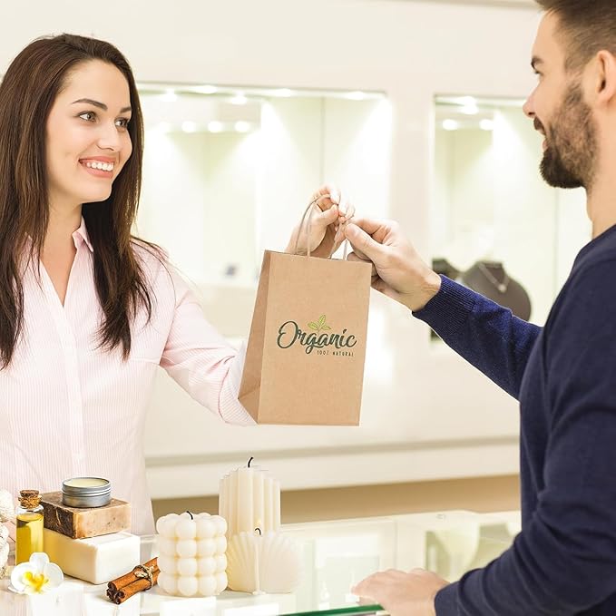 MESHA 400 Pack Kraft Brown Paper Bags with Handles Bulk 5.25X3.75X8 Inches, Brown Small Gift Bags for Small Business,Birthday Wedding Party Favor, Paper Shopping