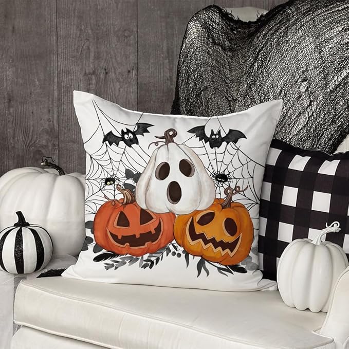 AACORS Halloween Pillow Cover 18X18 Inch Pumpkin Jack-O'-Lanterns Bat Web Decoration Holiday Farmhouse Pillow Case Decor for Home Sofa Couch AA306-18