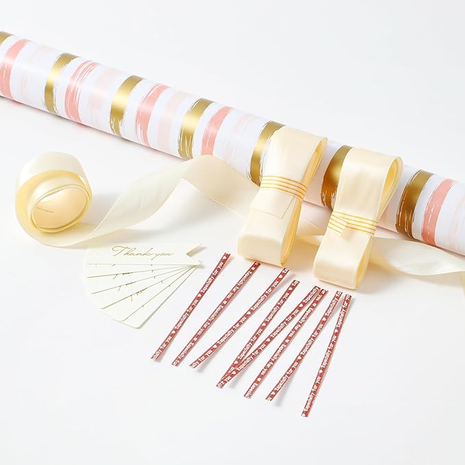 Miss DuiDui Birthday Gift Wrapping Paper Roll - 17 inch x 32.8 Feet - Pink Golden Stripes Design for Girl Boys Kids, Party, Birthday, Baby Shower, Holiday, Wedding