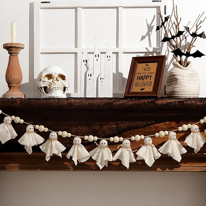 7Ft Cute Halloween Ghost with Wooden Beads Garlands, Handmade Rustic Halloween Banner for Wall Home Indoor Outdoor Spring Decor Supplies, White