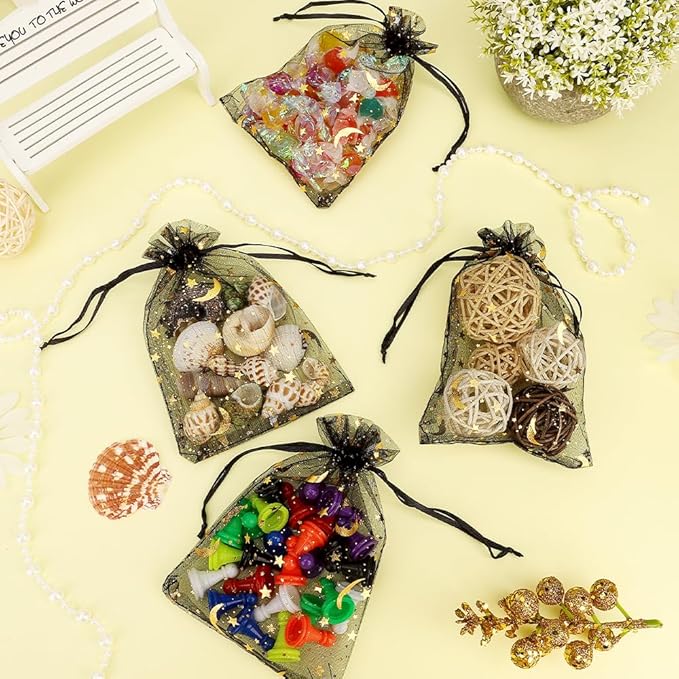 Moon Star Organza Bags 4x6 Small Mesh Bag Drawstring 50 Pcs Mesh Gift Bags Drawstring Pouch Wedding Favor Bags Jewelry Pouches Bulk Gift Pouch for Candy Soaps Birthday Festival Party Supplies, Black