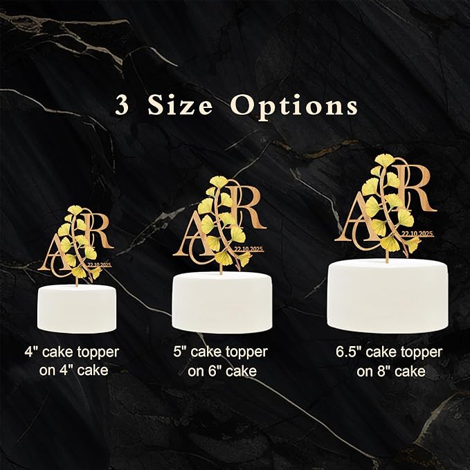 Personalized Fall Wedding Cake Topper in Wood Custom Bride and Groom Initial Cake Topper Wedding Date Cake Decoration (Gingko leaves)