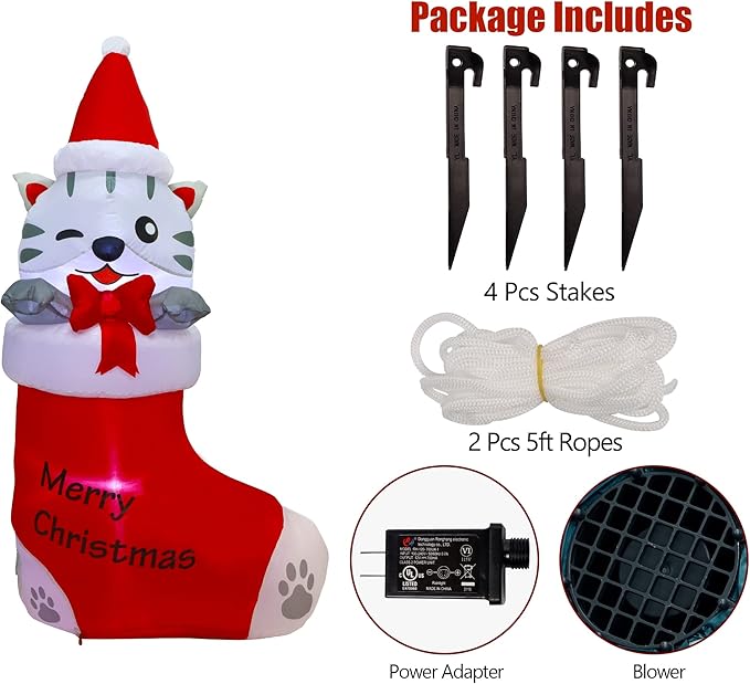 Juegoal 5 FT Christmas Inflatables Outdoor Decorations, Inflatable Kitten in Xmas Stocking, Lighted Blow Up Cat Standing on Christmas Socks with Built in Lights for Holiday Lawn Yard Garden Decor