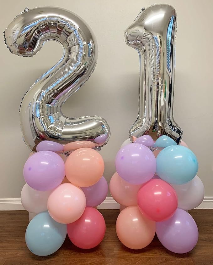 40 Inch Silver 21 Number Balloons Giant Jumbo Huge 12 or 21 Foil Mylar Helium Number Digital Balloons Silver Birthday Mylar Digital Balloons 12th 21st Birthday Anniversary Events Party Decorations
