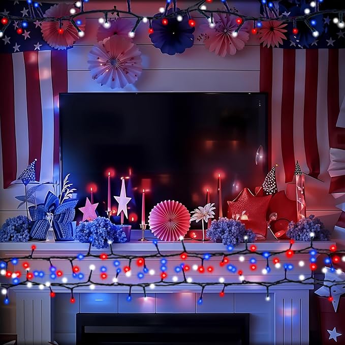 Red White and Blue String Lights, 4th of July Independence Day Lights Decoration, 300 LED 98ft, Waterproof with 8 Modes Plug in, Timer, Expandable, Memorial Day Patriotic Party Decor, Outdoor, Indoor
