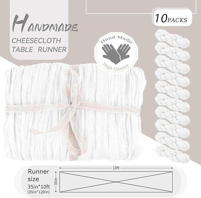 10 Packs White Cheesecloth Table Runner, 10Ft x 35" White Rustic Gauze Boho Wedding Table Runner Decoration, Wedding Table Decor Table Cloth for Wedding Party Bridal Shower Table