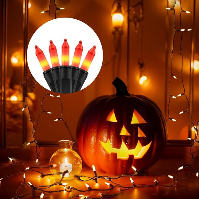Halloween Decorations Orange String Lights – 100 Count Mini Incandescent, 26.5ft Black Wire, UL Listed Connectable Pumpkin Lights for Porch, Patio, Outdoor & Indoor Fall Decor
