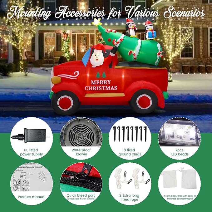 8 FT Christmas Inflatables Decorations Outdoor，Santa Christmas Tree Delivery Truck and Penguin with Built-in LED Lights for Indoor Holiday Party Yard Garden Lawn Décor
