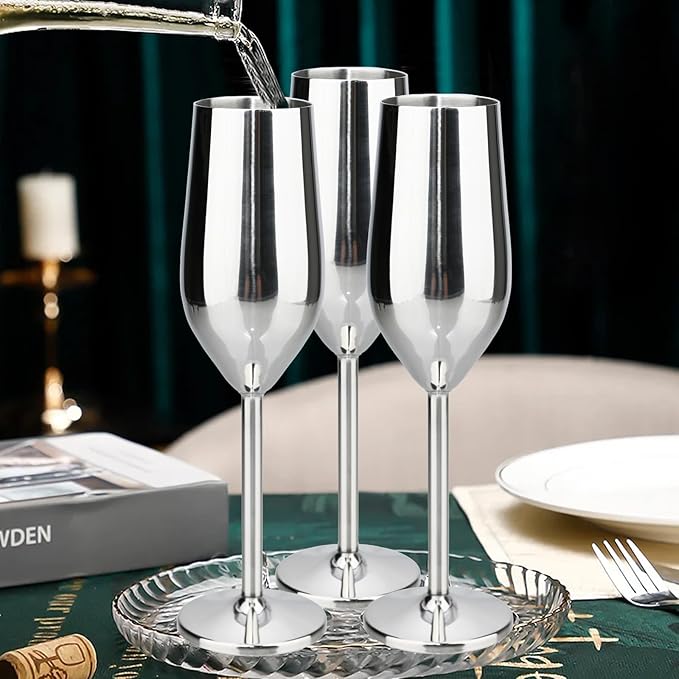 TJ Unbreakable 8 Oz Stainless Steel Champagne Flutes (4 Pack)- Silver Champagne Glasses - Reusable Indoor Outdoor Drinkware - Keeps Drink Cool for Longer - Gift Idea