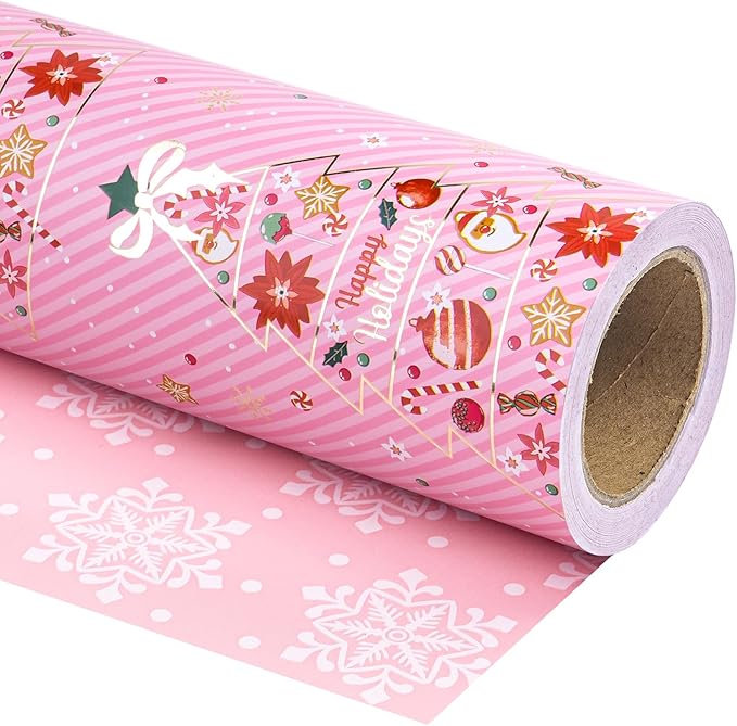 WRAPAHOLIC Reversible Pink Christmas Wrapping Paper - Mini Roll - 17 Inch x 33 Feet - Pink Christmas Tree Wrapping Paper and Snowflake Design for Holiday, Party Celebration