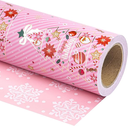 WRAPAHOLIC Reversible Pink Christmas Wrapping Paper - Mini Roll - 17 Inch x 33 Feet - Pink Christmas Tree Wrapping Paper and Snowflake Design for Holiday, Party Celebration