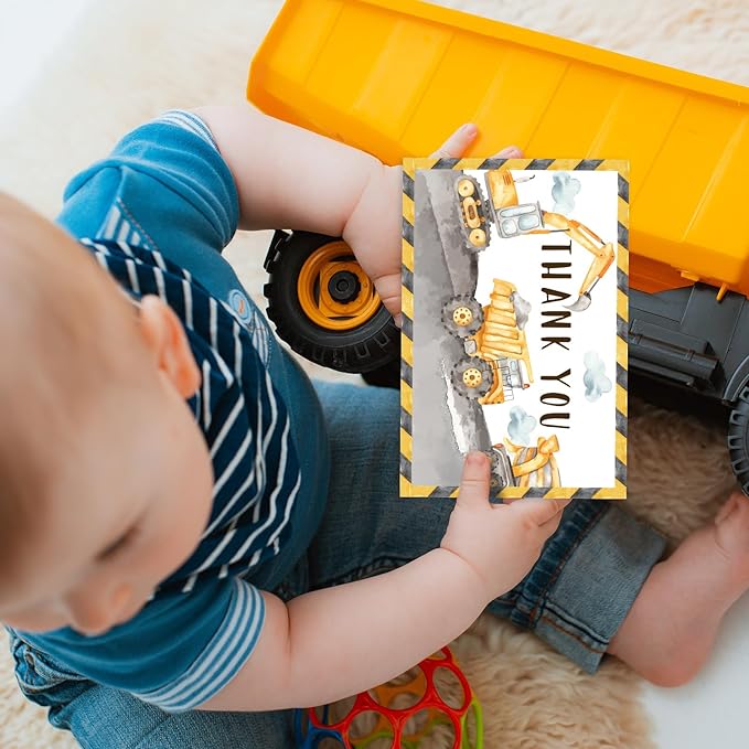 Whaline 24 Pcs Construction Thank You Cards Greeting Cards with Envelopes Stickers Yellow Dump Truck Digger Excavator Blank Note Cards for Birthday Baby Shower Party, 4 x 6 Inch