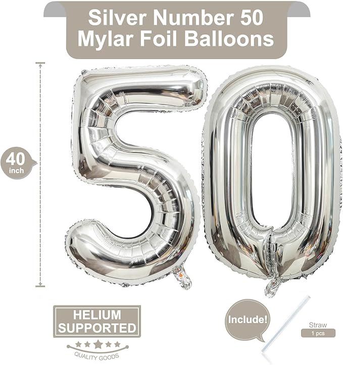 40 Inch Silver 50 Number Balloons Giant Jumbo Huge 50 Foil Mylar Helium Number Digital Balloons Silver Birthday Mylar Digital Balloons 50th Birthday Parth 50th Anniversary Events Party Decorations