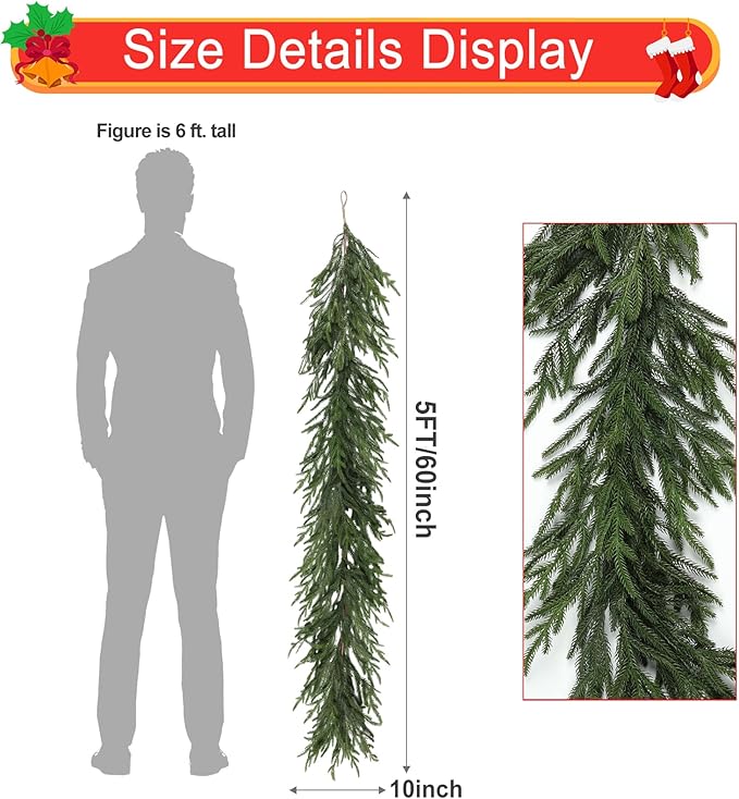 Artgar 5 Ft Pine Garland - Real Touch Pine Garland - Artificial Greenery Christmas Garlands - Green Cedar Garlands for Mantel Staircase Tabletop Home Indoor Outdoor Winter Christmas Decor