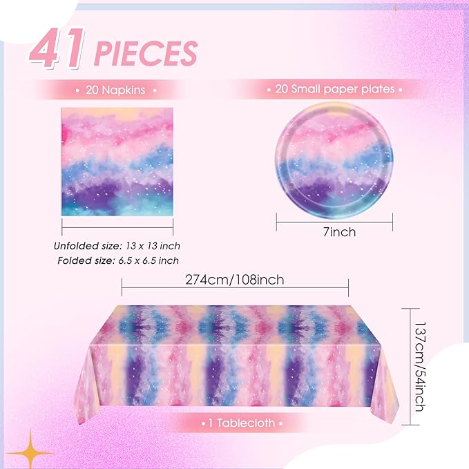 41Pcs Outer Space Galaxy Party Decorations Tie Dye Starry Sky Theme Tableware Psychedelic Mysterious Nebula Plate,Napkin,Tablecloth丨Starry Night Sky Universe Birthday Baby Shower Decor| Serves 20