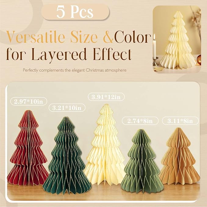 5Pcs Christmas Table Decorations Indoor, 3D Honeycomb Paper Christmas Trees, Light Up Green Red Beige Vintage Table Centerpieces for Christmas Winter Wonderland Holiday Party Home Decor, 8/10/12 Inch