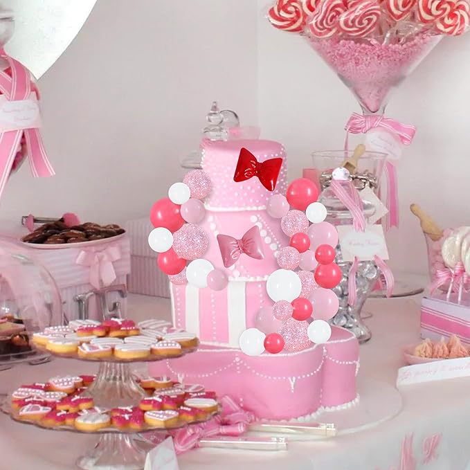 BEISHIDA 42 pcs Foam Ball Cake Toppers with Sticks Includes 2 Bow Cake Decor Perfect for Birthday Party Pink&White Theme Party Decor Wedding Anniversary Celebration(Pink, White)