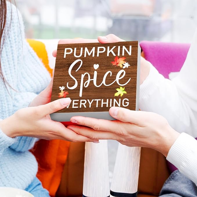 Funny Autumn Wood Box Sign Pumpkin Spice Everything Wooden Block Desk Decor for Home Office Kitchen Cubicle Table Shelf Tabletop,Farmhouse Fall Sign Decor