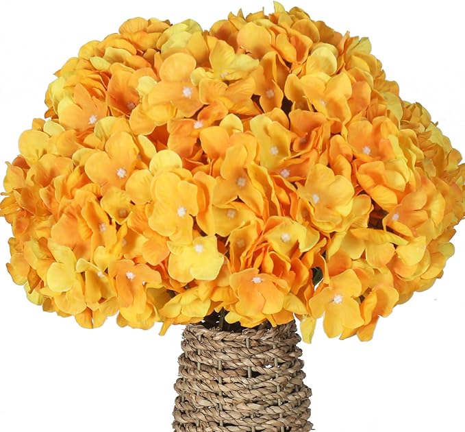 Kimura's Cabin 2 Bouquets Yellow Fake Flowers Vintage Artificial Silk Hydrangea Flowers 10Heads Faux Hydrangeas for Easter Home Table Centerpieces Wedding Party Autumn Decoration (Yellow)