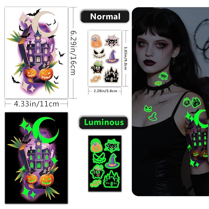 39 Sheets Halloween Glow Up Temporary Tattoos Women Men Adults, Skeleton Death Skull Pointed Black Hats Brooms Cauldrons Black Cats Half Arm Halloween Fake Tattoo, Scary Tattoos for Halloween Costume