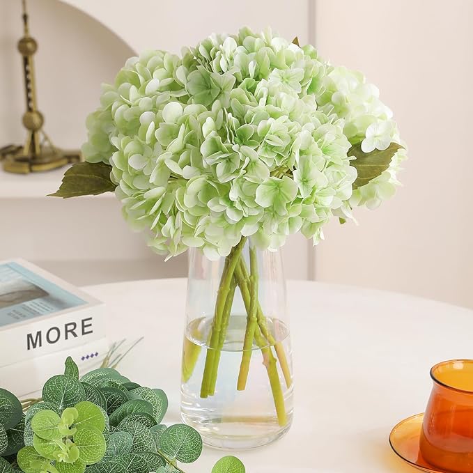 Tifuly 4pcs Fake Hydrangea with Vase - 3D Real Touch Faux Hydrangea Flowers with 3pcs Eucalyptus Stems for Wedding Centerpiece Home Party Table Decoration（Green）