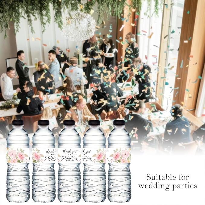 100PCS Wedding Water Bottle Labels Waterproof Greenery Floral Wraps Sticker for Water Bottle Baby Shower Bottle Label for Bridal Shower Party Thanks (Pink)
