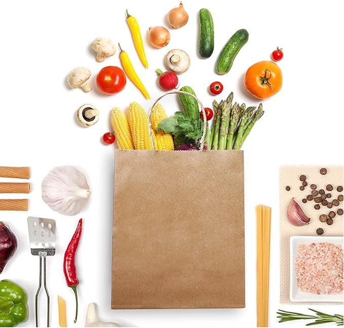 JET PAPER BAGS - 10”x5”x10” Inch [50 Pcs] Medium Brown Paper Bags with Handles Prime for Takeout, Grocery, Goody, Retail, Party, Gifts, Weddings - Recyclable Kraft Paper Gift Bags with Handles