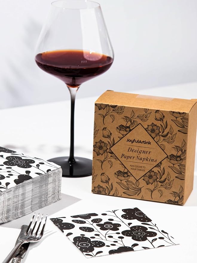 80 pack Designer Cocktail Beverage Napkins, 3-Ply 5x5-inches Disposable Decorative Fall Winter Guest Floral Black White Flower Napkin for Wedding Birthday Anniversary Party Baby Shower