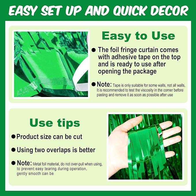 3 Pack Green Foil Fringe Curtains Backdrop, 3.28 x 6.6 Ft Metallic Streamers Tinsel Curtains Background for Photo Booth, Birthday, Halloween, Christmas, Thanksgiving, New Year Party Decorations