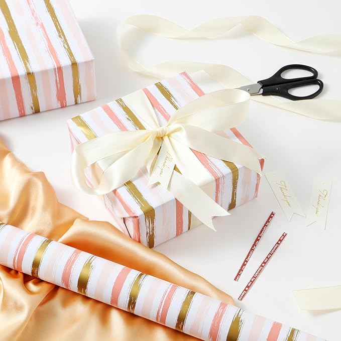 Miss DuiDui Birthday Gift Wrapping Paper Roll - 17 inch x 32.8 Feet - Pink Golden Stripes Design for Girl Boys Kids, Party, Birthday, Baby Shower, Holiday, Wedding