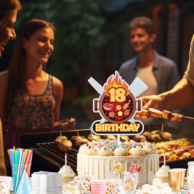Barbecue Cake Topper BBQ Theme 18th Birthday Happy Sausage Kebab Decoration, Boy and Girl Birthday Party, Summer Outdoor Picnic Party, Anniversary Friend Family Gathering Cooking Grill Decoration