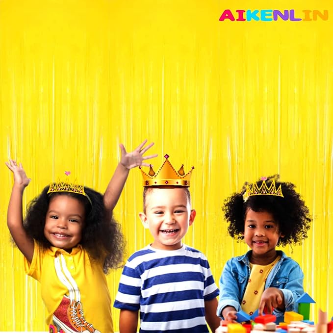 4 Pack Macaron Yellow Foil Fringe Curtain Backdrop, 3.2Ft x 9.8Ft Metallic Tinsel Foil Fringe Streamers Curtains for Party, Photo Booth Prop, Birthday, Wedding, Christmas Party Decoration Supplies