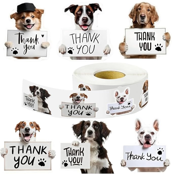 500 pcs Dog Thank You Stickers roll,Suitable for Corporate Product Packaging, pet Supplies, Gift Embellishments, Greeting Cards, and Waterproof Adhesive Labels for Sealing envelopes.