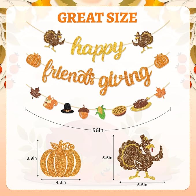 Happy Friendsgiving Banner Thanksgiving Party Decorations Glitter Friends Giving Garland Plastic Pre Strung Streamers Turkey Pumpkin Fall Leaves Sign for Home Decor Thank You Party Supplies
