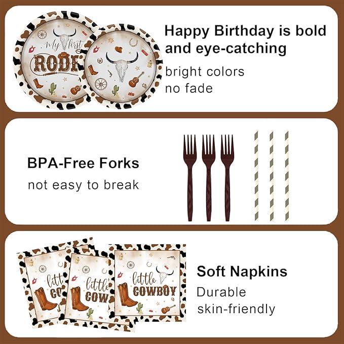 164Pcs Western Cowboy Party Supplies Wild West Baby Shower Bachelorette Birthday Decorations, Includes Plates Napkins Cups Forks Straws, Cake toppers, for 24 Guests