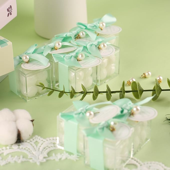 20 Pcs Small Bubble Candles Elegant Party Favors Bulk Set with Decorative Ribbons Thank You Cards for Bridal Shower Guest Gifts (20, Green)