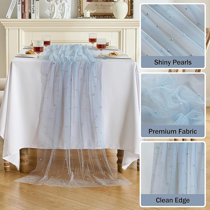 Fanami 3 Pack Pearl Table Runner -10FT Dusty Blue Boho Tulle Table Runners 120 Inches Long Rustic Sheer Lace Fabric Centerpieces for Wedding Arch Birthday Party Bridal Veil Baby Shower Decorations