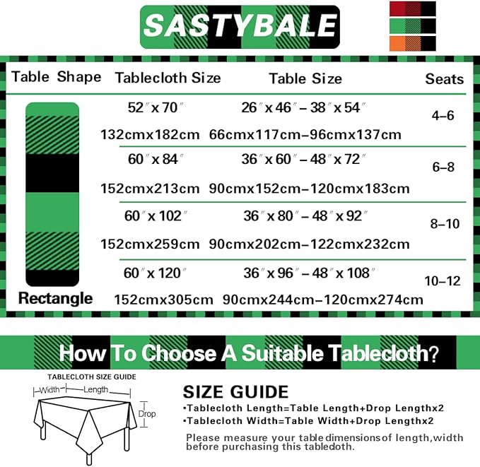 Buffalo Checkered Vinyl Christmas Tablecloth Rectangle 60 x 84 Inch with Flannel Backed, Waterproof & Stain Resistant Heavy Plastic Table Cover for Holiday, Party & Farmhouse, Green and Black