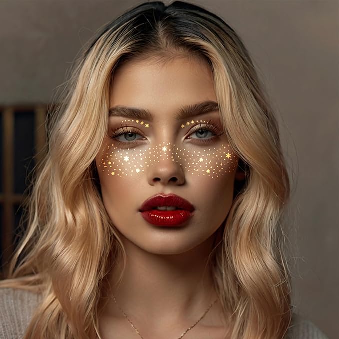 12 Pcs Gold Glitter Freckle Face Tattoo, Glitter Freckles Metallic Face Temporary Tattoo Sticker, Sparkle Makeup Patches Waterproof Gold Freckles Face Tattoos Stickers for Women Girls Party Decor 654