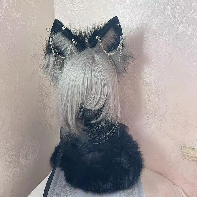 Wolf Ears Tail Set Fox Wolf Headbands Clips Fluffy Cosplay Costumes, Gothic Punk Accessories for Halloween
