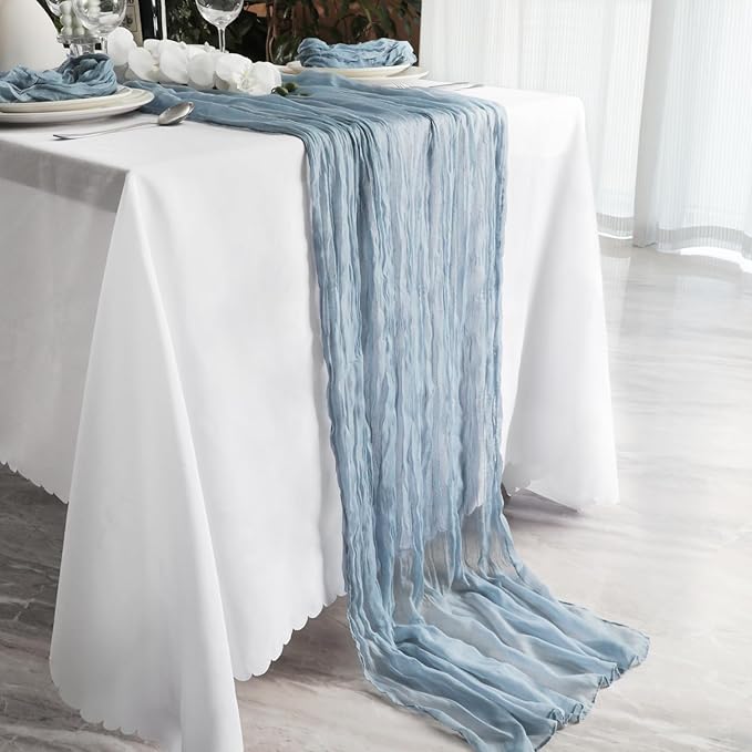 NESCCI 2 PCS Dusty Blue Table Runner,Rustic Boho Cheesecloth Table Runner,35x120 Inches Dusty Blue Runners for Tables, Pefect for Mothers Day Wedding Baby Shower Birthday Party Home Decorations