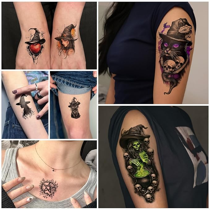 77 Sheets Witch Temporary Tattoos Women Men Adults, Skeleton Death Skull Pointed Black Hats Brooms Cauldrons Black Cats Half Arm Halloween Fake Tattoo, Bat Scary Tattoos for Halloween Costume