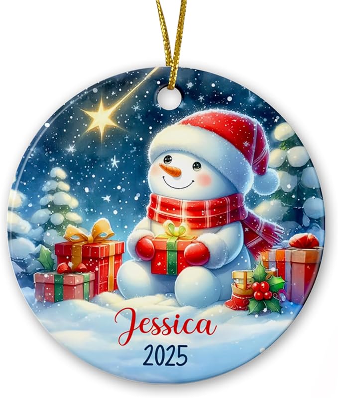 Personalized 3D Snowman Christmas Ornament Gift for Kids, Baby's 1st Xmas Snowman Ceramic Ornament, Customized Year/Name Baby Snowman Xmas Ornament Gifts, Snowman & Gift Box Christmas Tree Ornament